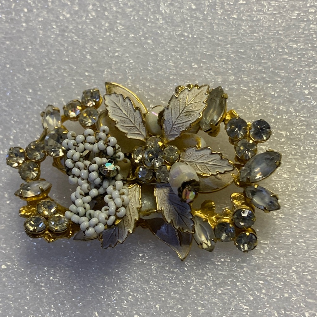 Rare Original By Robert Vintage Flower White Leaves Rhinestone Brooch